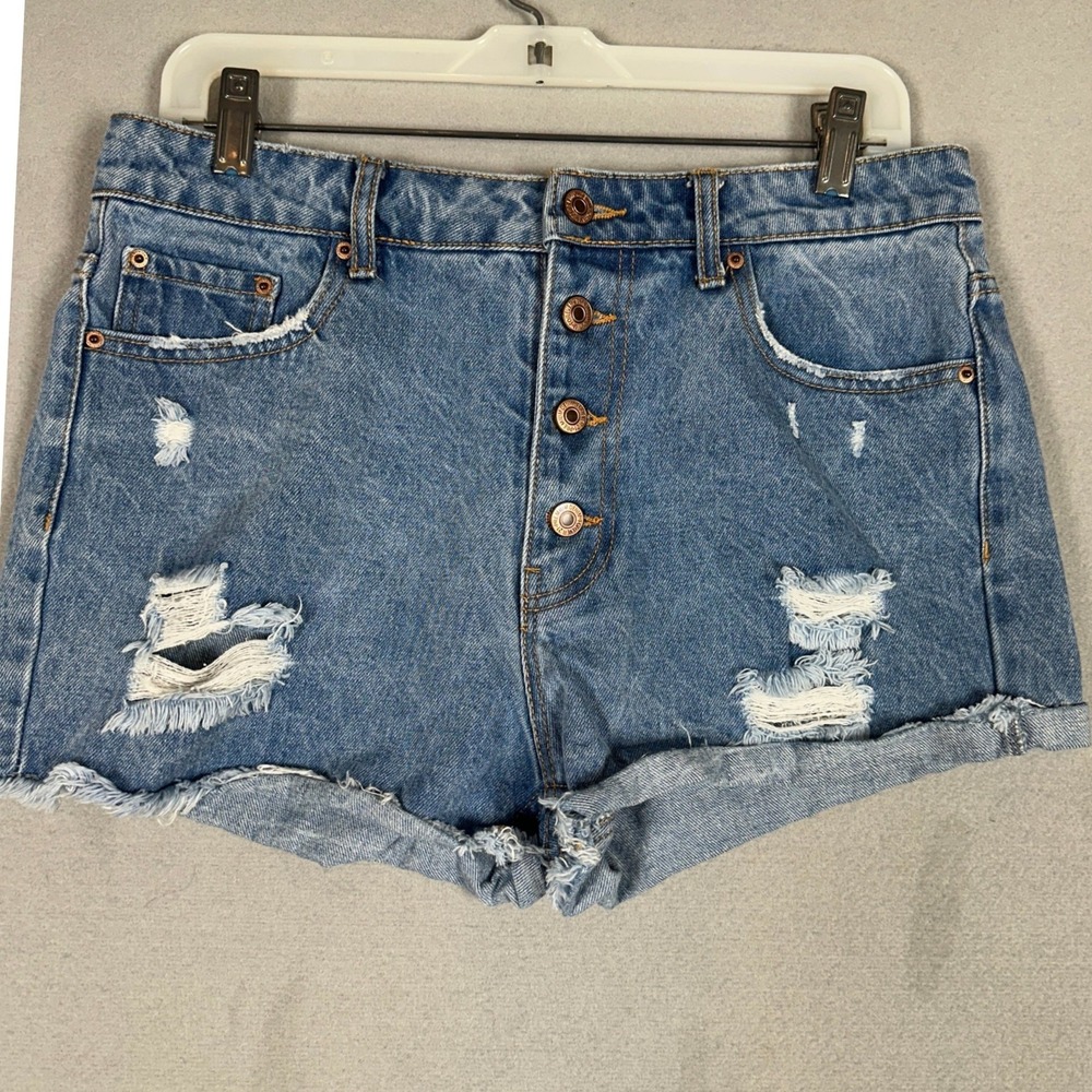 Forever 21 Shorts Womens 29 High Rise Blue Distressed Button Fly Jean Denim EUC